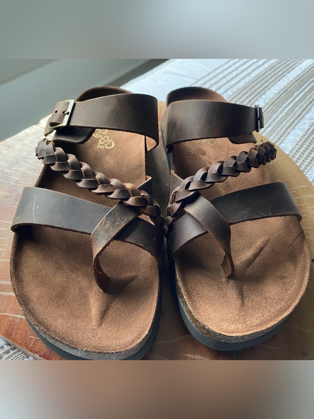 Mountain Sole Brown Braided Leather Slide Sandals - Women